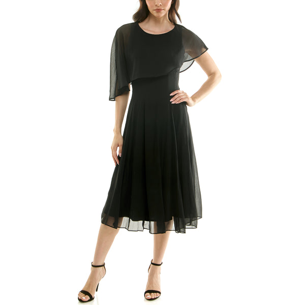 Gabby Skye MAISON TARA ASYMMETRIC CHIFFON CAPELET MIDI DRESS BLACK