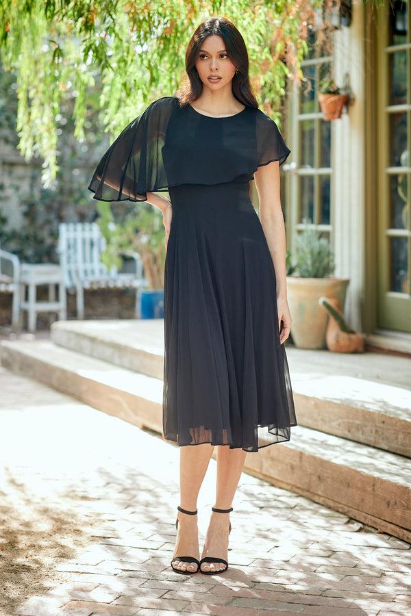 gabby skye MAISON TARA ASYMMETRIC CHIFFON CAPELET MIDI DRESS BLACK