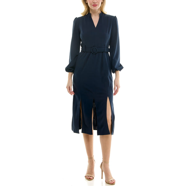 Gabby Skye MAISON TARA BELTED CREPE CARWASH HEM MIDI DRESS NAVY