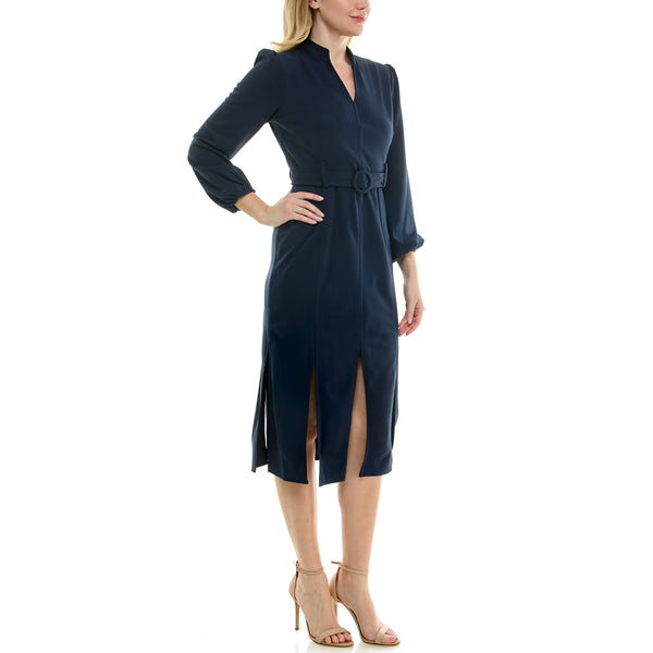 Gabby Skye MAISON TARA BELTED CREPE CARWASH HEM MIDI DRESS NAVY