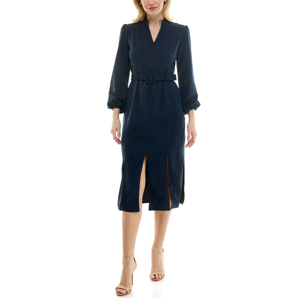 gabby skye MAISON TARA BELTED CREPE CARWASH HEM MIDI DRESS NAVY