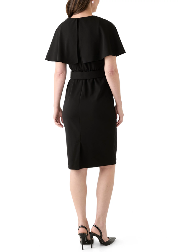 Gabby Skye MAISON TARA BELTED WRAP CAPELET SHEATH MIDI DRESS BLACK