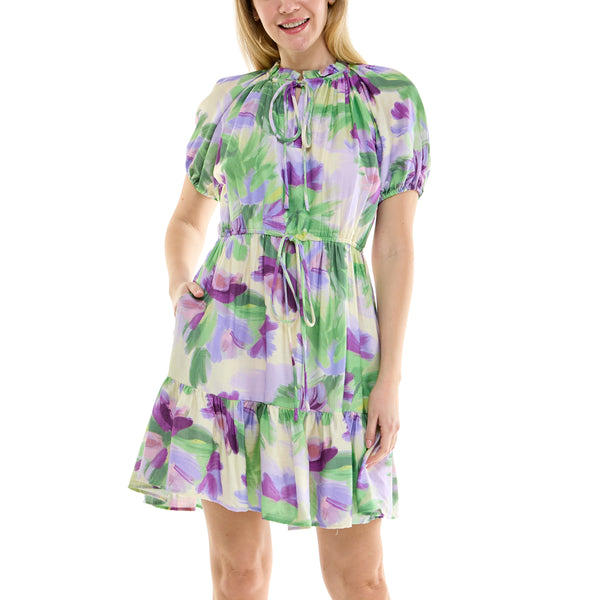 Gabby Skye MAISON TARA BLOUSON FLOUNCE PAINTSTROKE FLORAL PRINT MINI DRESS LILAC/GREEN