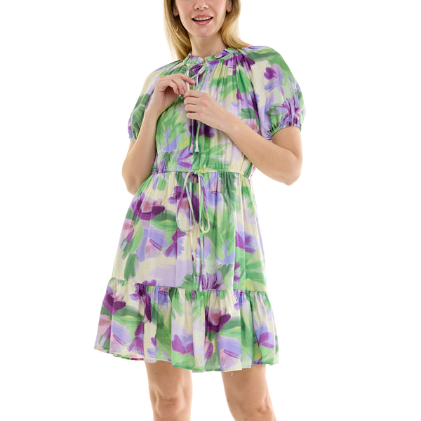 Gabby Skye MAISON TARA BLOUSON FLOUNCE PAINTSTROKE FLORAL PRINT MINI DRESS LILAC/GREEN