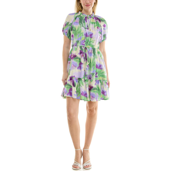 gabby skye MAISON TARA BLOUSON FLOUNCE PAINTSTROKE FLORAL PRINT MINI DRESS LILAC/GREEN