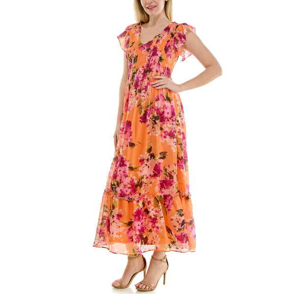 Gabby Skye MAISON TARA BOUQUET FLORAL PRINT SMOCKED BODICE MAXI DRESS PEACHFUCHSIA