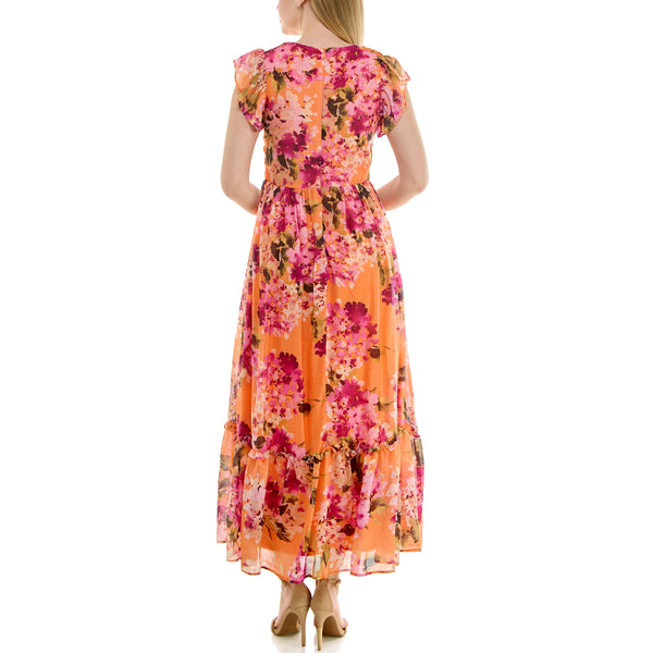 Gabby Skye MAISON TARA BOUQUET FLORAL PRINT SMOCKED BODICE MAXI DRESS PEACHFUCHSIA