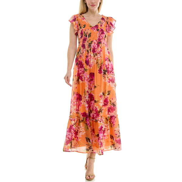 gabby skye MAISON TARA BOUQUET FLORAL PRINT SMOCKED BODICE MAXI DRESS PEACHFUCHSIA