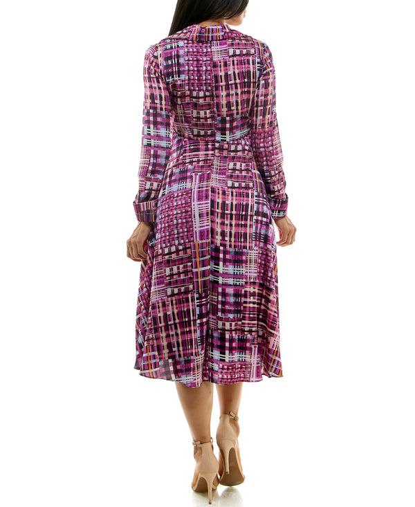 Gabby Skye MAISON TARA COLLARED LATTICE LINE PRINT MIDI DRESS MAGENTA MULTI
