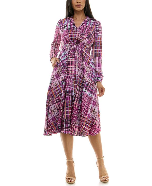 gabby skye MAISON TARA COLLARED LATTICE LINE PRINT MIDI DRESS MAGENTA MULTI