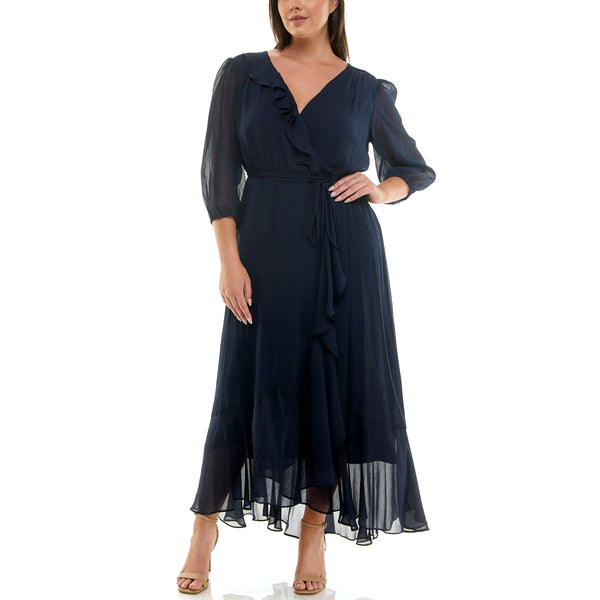 Gabby Skye MAISON TARA CORD BELTED FAUX WRAP CHIFFON CURVE MAXI DRESS NAVY