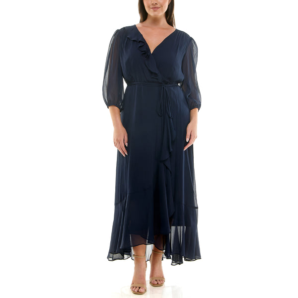 Gabby Skye MAISON TARA CORD BELTED FAUX WRAP CHIFFON CURVE MAXI DRESS NAVY