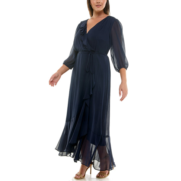 Gabby Skye MAISON TARA CORD BELTED FAUX WRAP CHIFFON CURVE MAXI DRESS NAVY