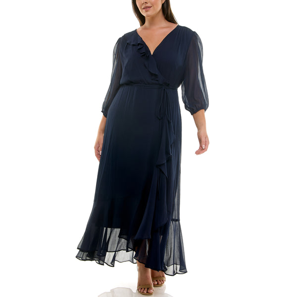 gabby skye MAISON TARA CORD BELTED FAUX WRAP CHIFFON CURVE MAXI DRESS NAVY