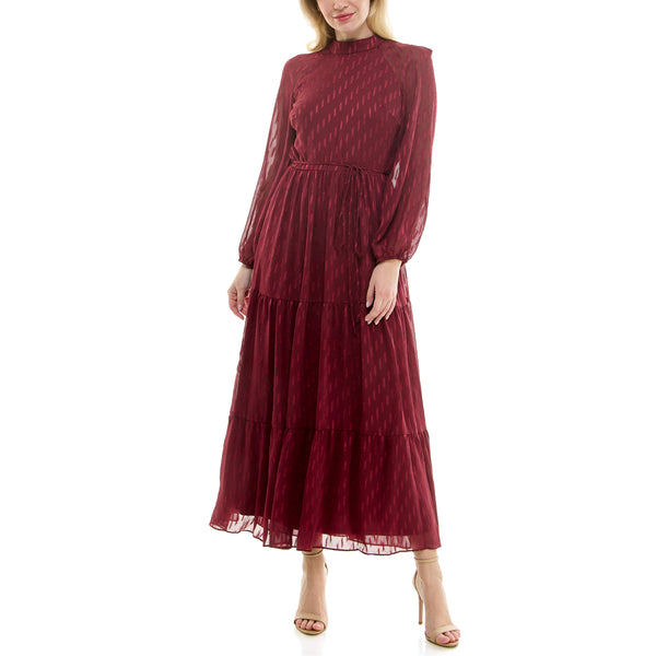 Gabby Skye MAISON TARA DASH LINE PRINT TIERED CHIFFON MAXI DRESS BURGUNDY