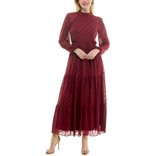 Gabby Skye MAISON TARA DASH LINE PRINT TIERED CHIFFON MAXI DRESS BURGUNDY