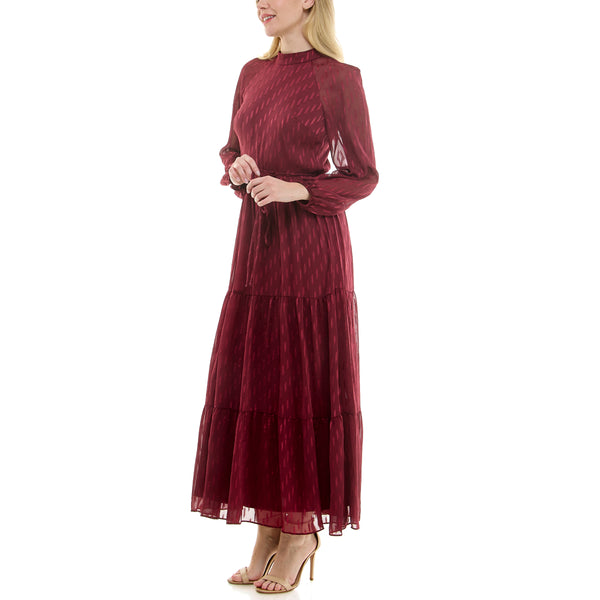 Gabby Skye MAISON TARA DASH LINE PRINT TIERED CHIFFON MAXI DRESS BURGUNDY