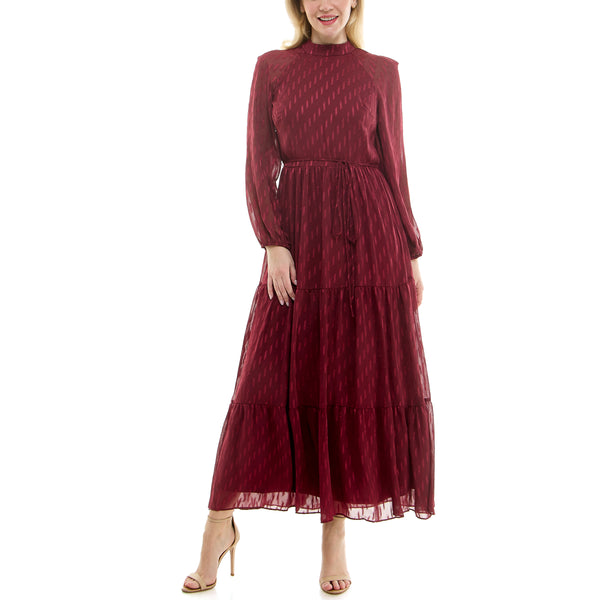 gabby skye MAISON TARA DASH LINE PRINT TIERED CHIFFON MAXI DRESS BURGUNDY