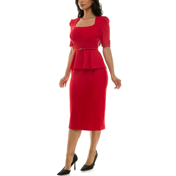Gabby Skye MAISON TARA ELBOW SLEEVE BELTED PEPLUM PENCIL SHEATH MIDI DRESS LIPSTICK