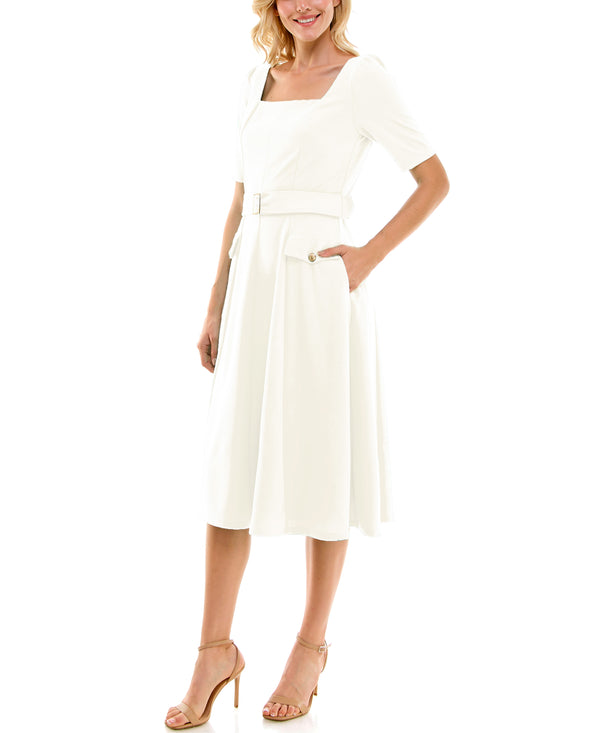 Gabby Skye MAISON TARA ELBOW SLEEVE SQUARE NECK BELTED MIDI DRESS WITH POCKETS - EXCHANGES ONLY WINTER WHITE