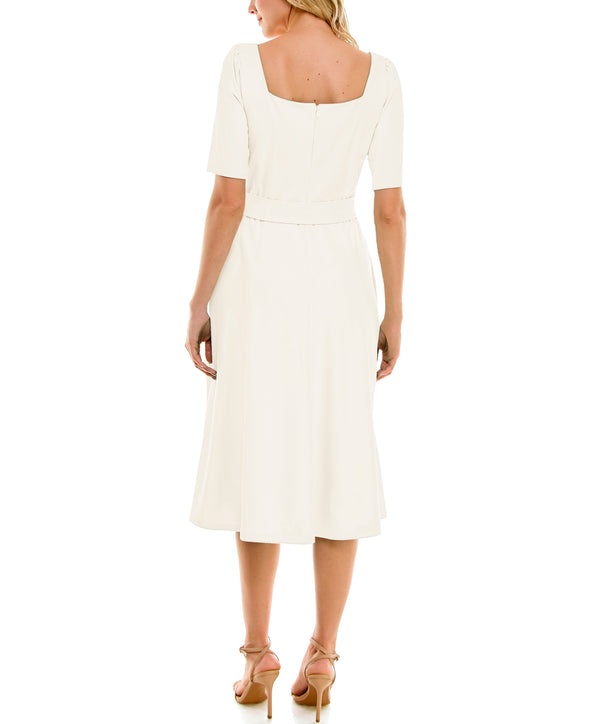 Gabby Skye MAISON TARA ELBOW SLEEVE SQUARE NECK BELTED MIDI DRESS WITH POCKETS - EXCHANGES ONLY WINTER WHITE