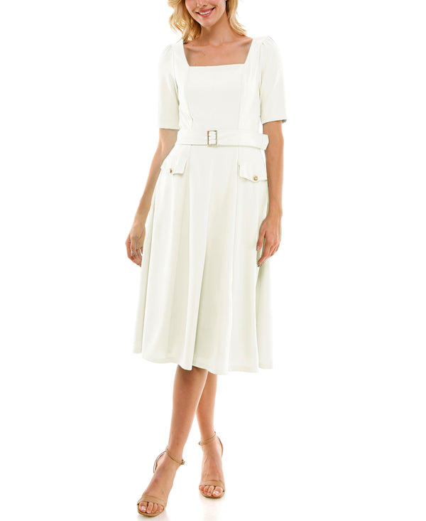 gabby skye MAISON TARA ELBOW SLEEVE SQUARE NECK BELTED MIDI DRESS WITH POCKETS - EXCHANGES ONLY WINTER WHITE