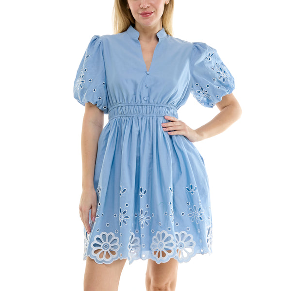 Gabby Skye MAISON TARA EYELET EMBROIDERED BABYDOLL MINI DRESS POWDER BLUE/WHITE