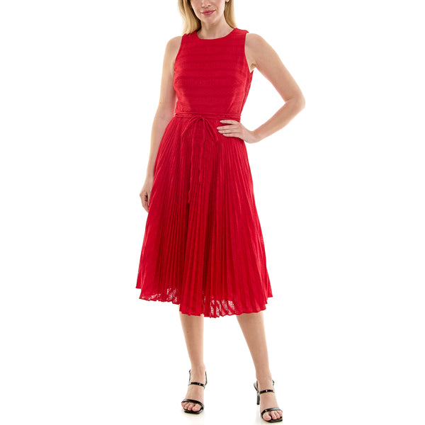 Gabby Skye MAISON TARA EYELET EMBROIDERED BODICE PLEATED MIDI DRESS RUBY RED