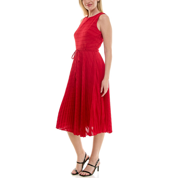 Gabby Skye MAISON TARA EYELET EMBROIDERED BODICE PLEATED MIDI DRESS RUBY RED