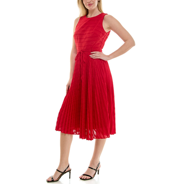 Gabby Skye MAISON TARA EYELET EMBROIDERED BODICE PLEATED MIDI DRESS RUBY RED