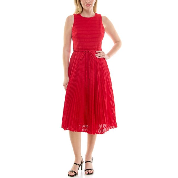 gabby skye MAISON TARA EYELET EMBROIDERED BODICE PLEATED MIDI DRESS RUBY RED