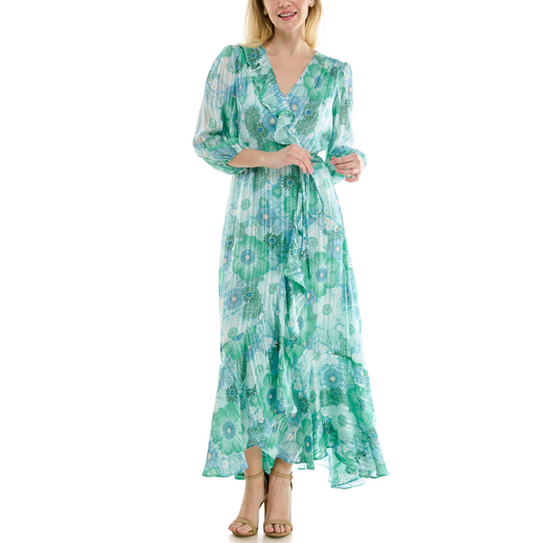 Gabby Skye MAISON TARA FLORAL PRINT CHIFFON WRAP MAXI DRESS AQUA/SEAFOAM