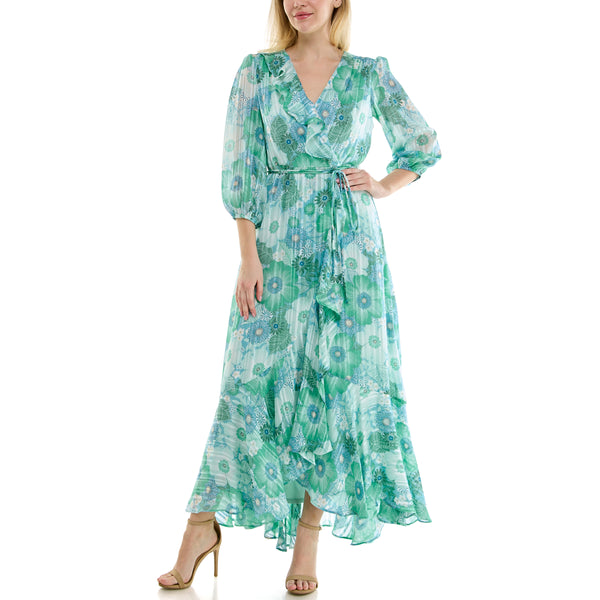 Gabby Skye MAISON TARA FLORAL PRINT CHIFFON WRAP MAXI DRESS AQUA/SEAFOAM