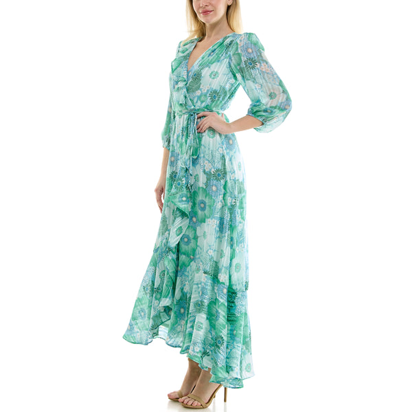 Gabby Skye MAISON TARA FLORAL PRINT CHIFFON WRAP MAXI DRESS AQUA/SEAFOAM