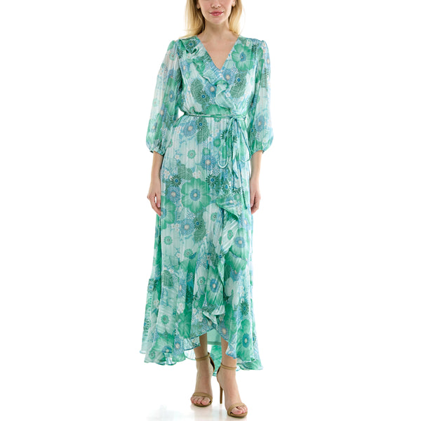 gabby skye MAISON TARA FLORAL PRINT CHIFFON WRAP MAXI DRESS AQUA/SEAFOAM