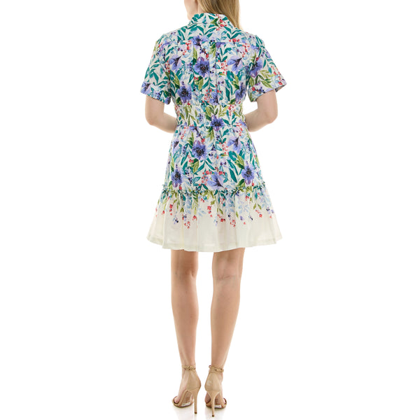 Gabby Skye MAISON TARA FLORAL PRINT OXFORD COLLAR MINI SHIRT DRESS WITH POCKETS IVORY/LAVENDER