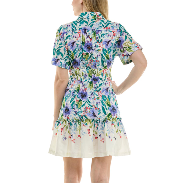 Gabby Skye MAISON TARA FLORAL PRINT OXFORD COLLAR MINI SHIRT DRESS WITH POCKETS IVORY/LAVENDER