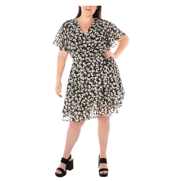 gabby skye MAISON TARA FLUTTER SLEEVE CHIFFON FLORAL PRINT KNEE LENGTH CURVE DRESS - EXCHANGES ONLY BLACK/IVORY/PINE