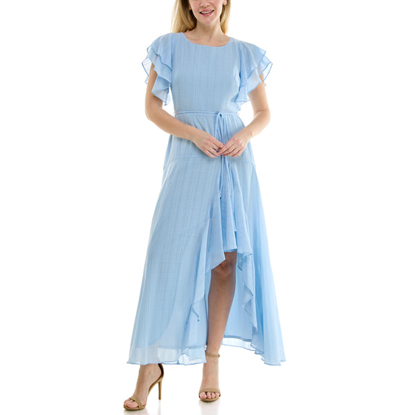 Gabby Skye MAISON TARA FLUTTER SLEEVE CHIFFON SHEATH MAXI DRESS POWDER BLUE