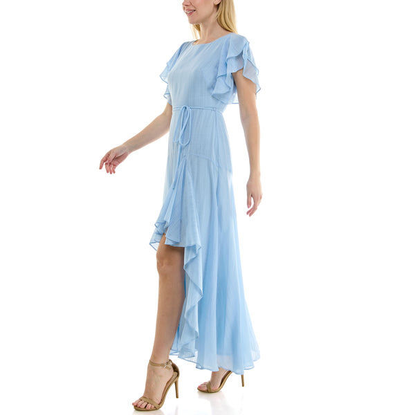Gabby Skye MAISON TARA FLUTTER SLEEVE CHIFFON SHEATH MAXI DRESS POWDER BLUE