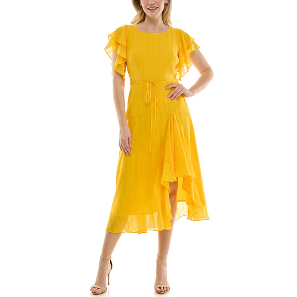 Gabby Skye MAISON TARA FLUTTER SLEEVE SLIT HEM MIDI DRESS SUNSHINE