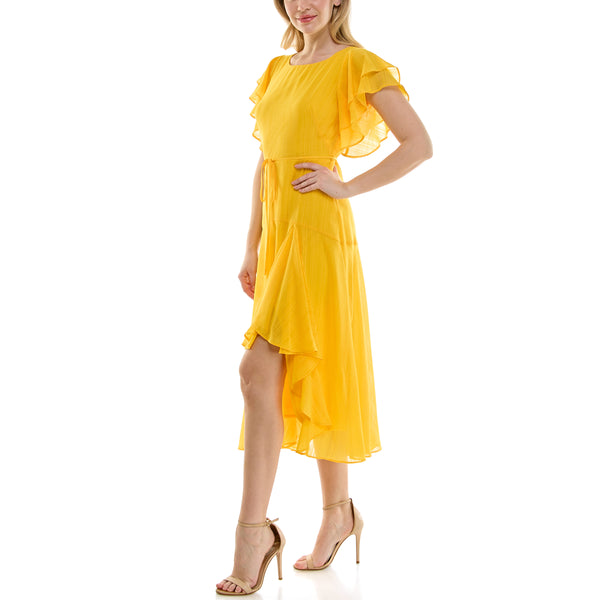 Gabby Skye MAISON TARA FLUTTER SLEEVE SLIT HEM MIDI DRESS SUNSHINE