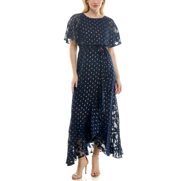 Gabby Skye MAISON TARA GOLD FOIL PRINT CHIFFON CAPELET MAXI DRESS NAVY/GOLD