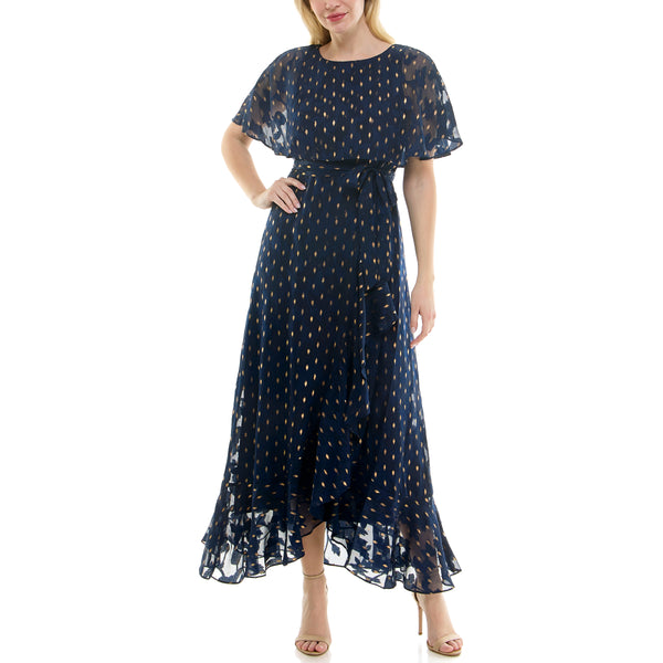 Gabby Skye MAISON TARA GOLD FOIL PRINT CHIFFON CAPELET MAXI DRESS NAVY/GOLD