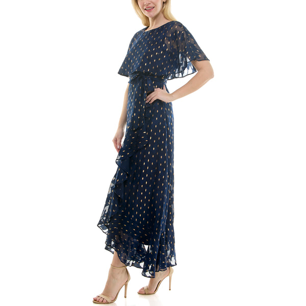 Gabby Skye MAISON TARA GOLD FOIL PRINT CHIFFON CAPELET MAXI DRESS NAVY/GOLD