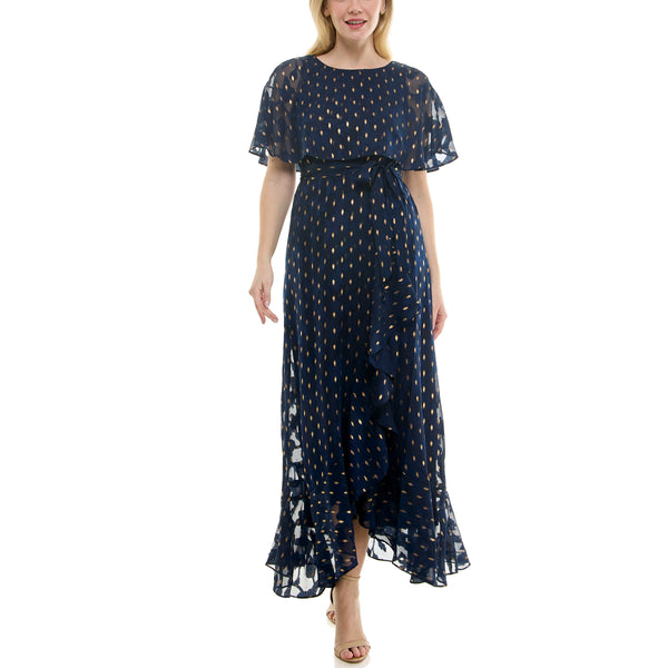 gabby skye MAISON TARA GOLD FOIL PRINT CHIFFON CAPELET MAXI DRESS NAVY/GOLD
