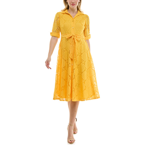 Gabby Skye MAISON TARA LACE EMBROIDERED OXFORD COLLAR SHIRT DRESS SUNSHINE