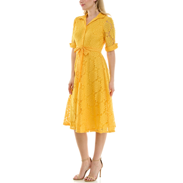 Gabby Skye MAISON TARA LACE EMBROIDERED OXFORD COLLAR SHIRT DRESS SUNSHINE