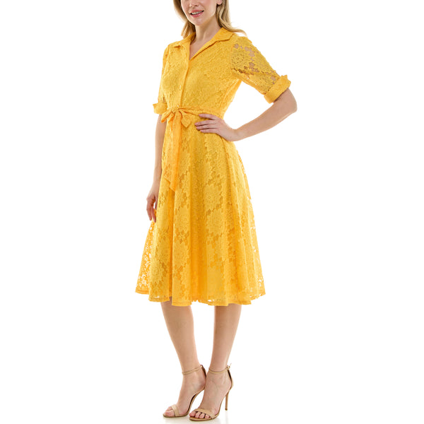 Gabby Skye MAISON TARA LACE EMBROIDERED OXFORD COLLAR SHIRT DRESS SUNSHINE