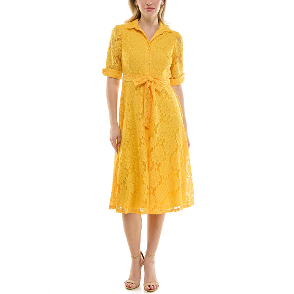 gabby skye MAISON TARA LACE EMBROIDERED OXFORD COLLAR SHIRT DRESS SUNSHINE